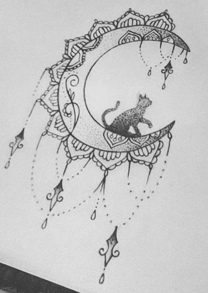 Эскиз тату полумесяц с кошкой