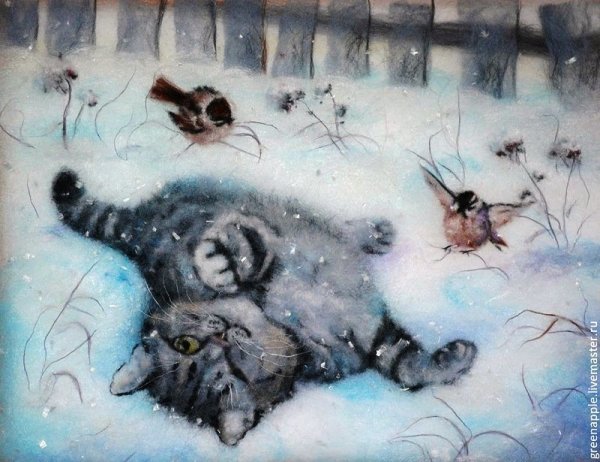 Коты в снегу акварель