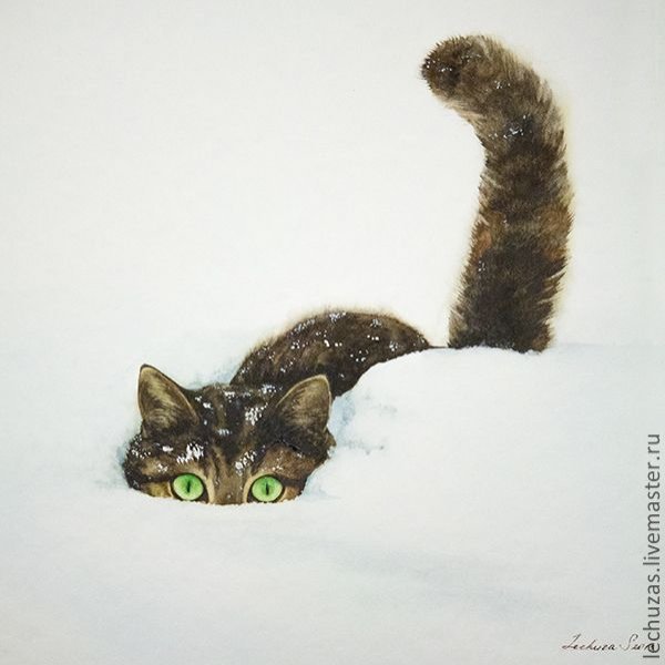 Котики в снегу гуашью