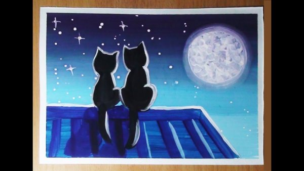 Рисунок кота гуашью на затмении