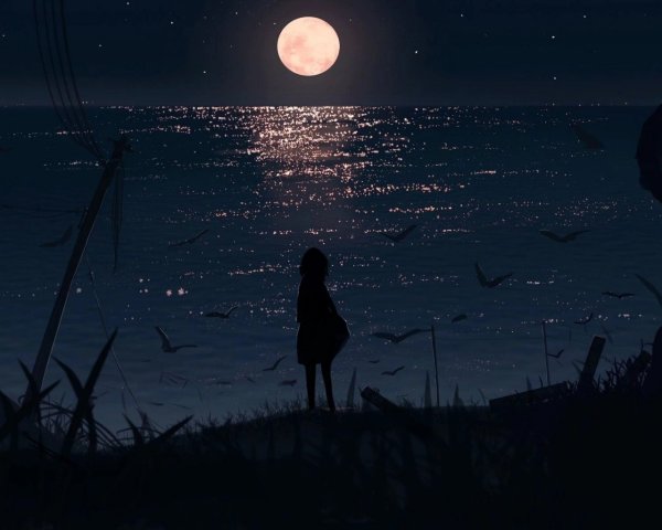 Девушка на фоне ночного моря