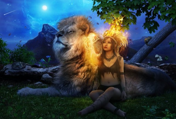 Обои Лев и девушка
