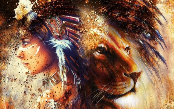 Indian woman wearing Feather Headdress with Lion and abstract Color collage перевод на русский