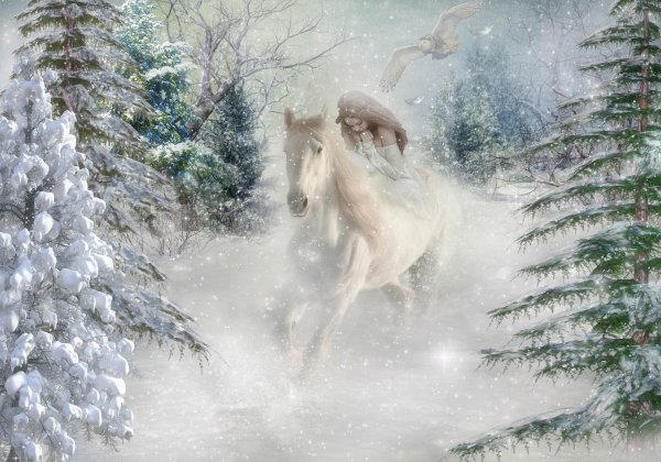 Белый конь в зимнем лесу