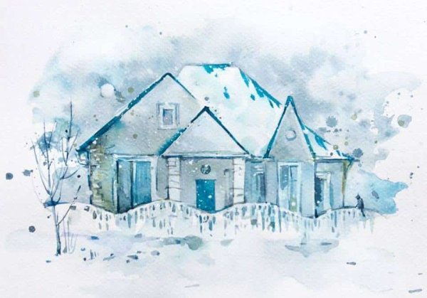 Зимний пейзаж с домиком акварелью