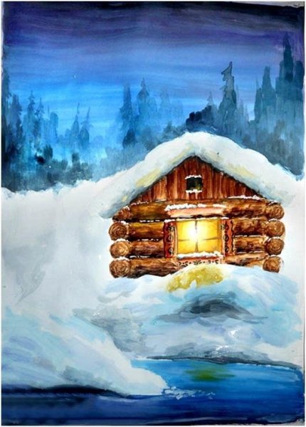 Рисование зимняя избушка