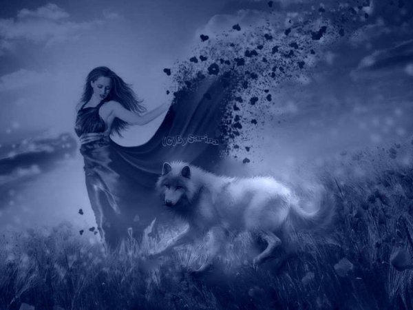 Девушка с волком на фоне Луны