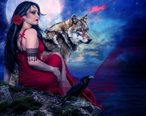 Волк и черноволосая девушка