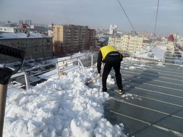 Уборка снега с крыш здания