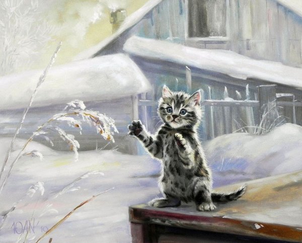Живопись кошки зимой