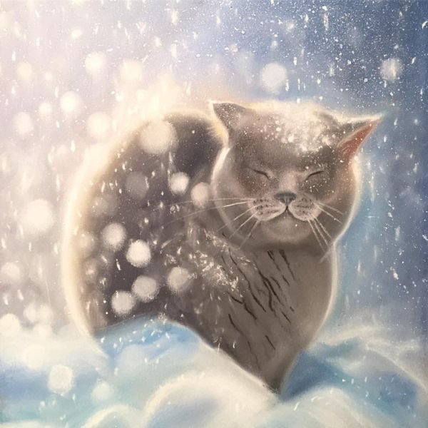 Кот зима снег арт