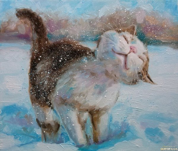 Живопись кошки зимой