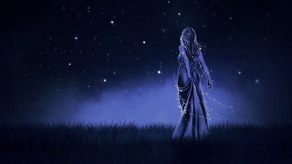 Женский силуэт на фоне звездного неба