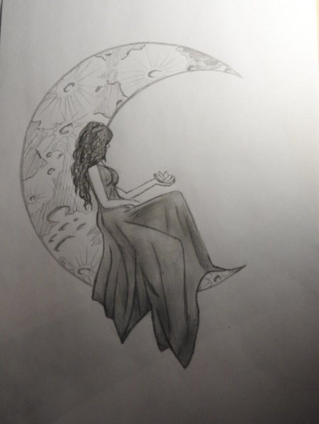 Девушка и Луна карандашом