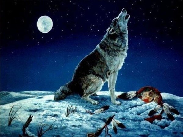 Сидящий волк воющий на луну