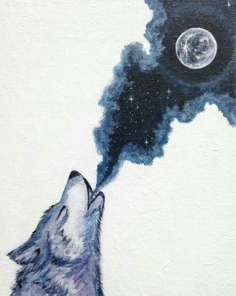 Акварель волк воет на луну