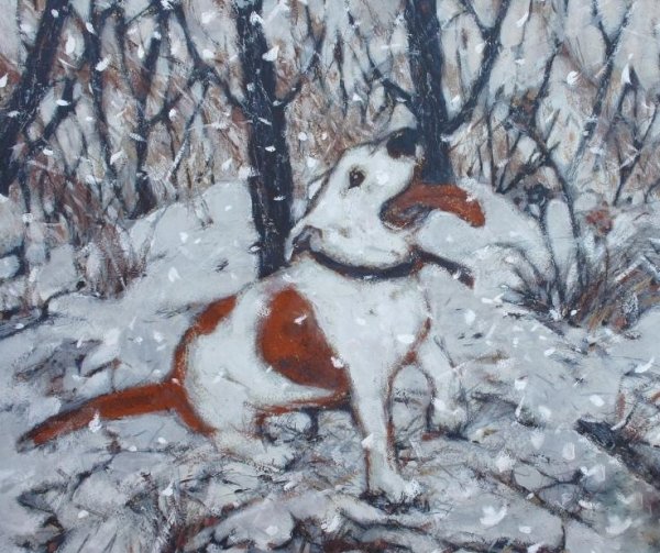 Пес в снегу живопись