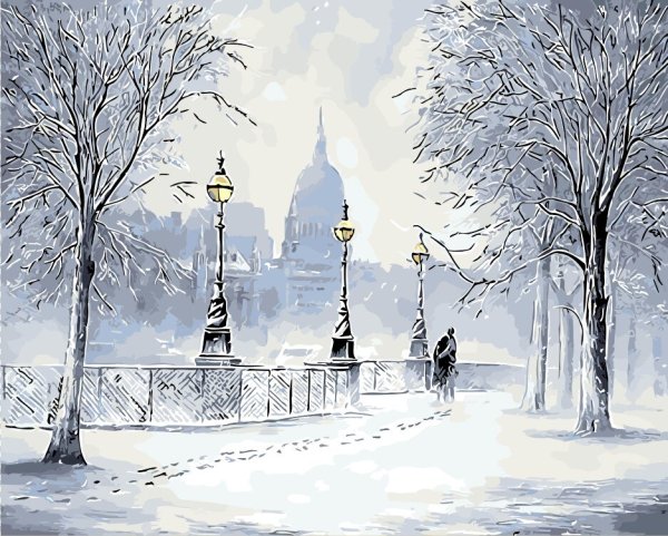 Зимний городской пейзаж красками