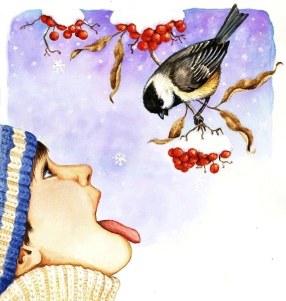 Девочка и птица зимой