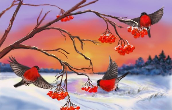 Зимний пейзаж с рябиной гуашью