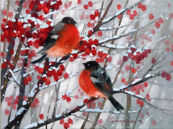 Снегири на ветке живопись