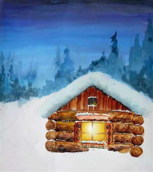 Зимний домик гуашью