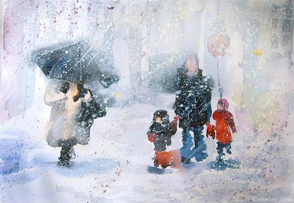 Снегопад и ребёнок в живописи