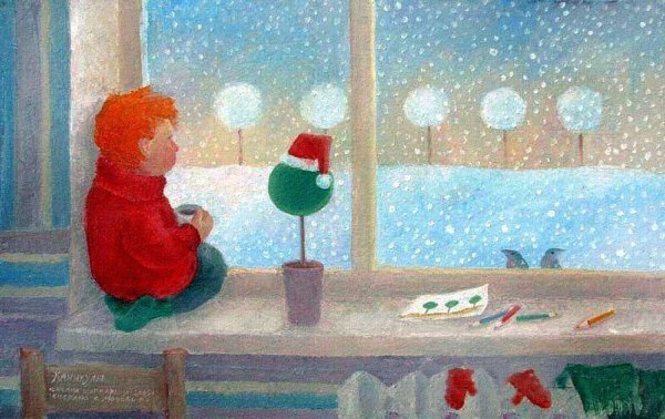 Дети и падающий снег живопись