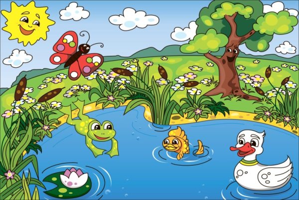 Пруд с лягушками и утками