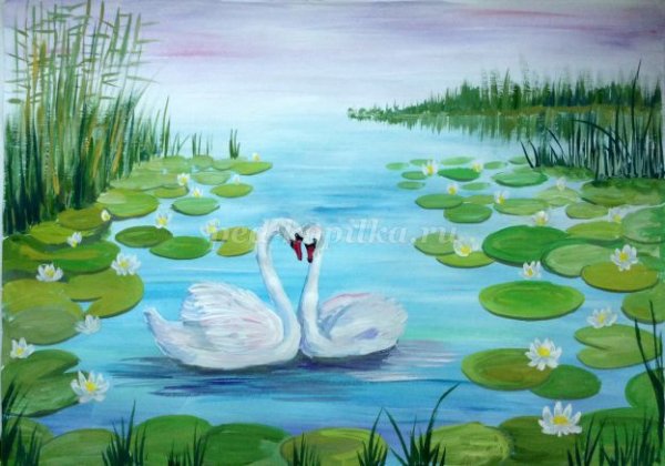 Лебеди на пруду карандашом