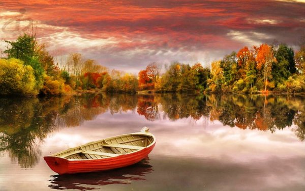 Пейзаж лодка на озере