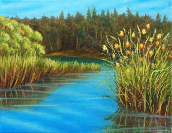 Пейзаж с озером и камышами