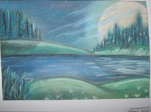 Озеро цветными карандашами