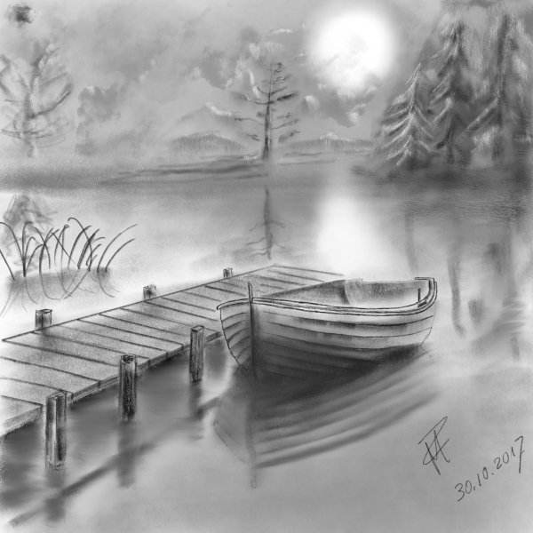 Водный пейзаж карандашом