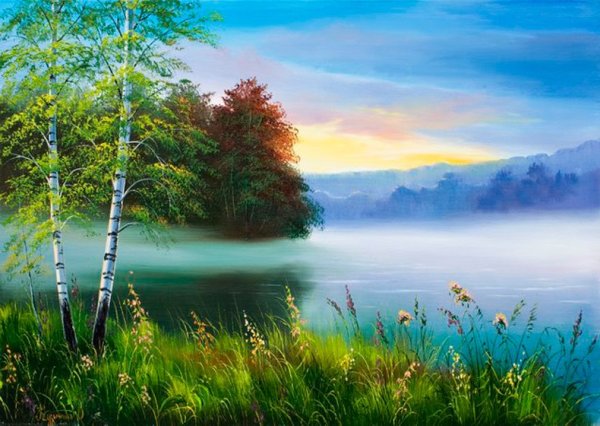 Картина маслом природа лес озеро