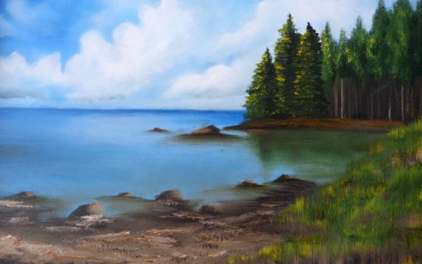 Берегу озера живопись