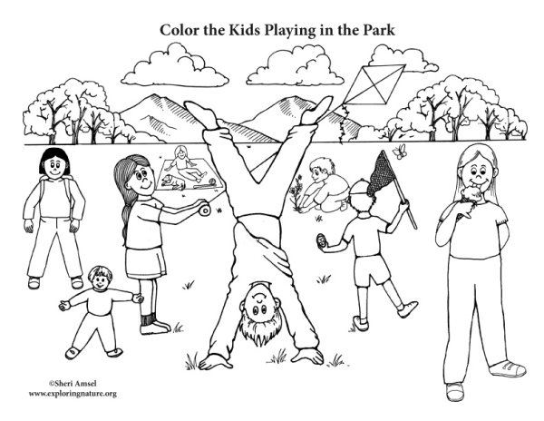 Раскраска прогулка в парке для детей