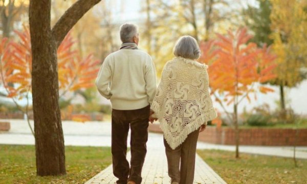 Пожилая пара гуляет по парку