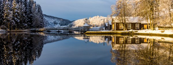 Домик у озера зимой арт