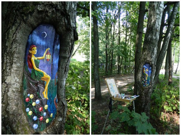 Раскрашенные деревья в Измайловском парке