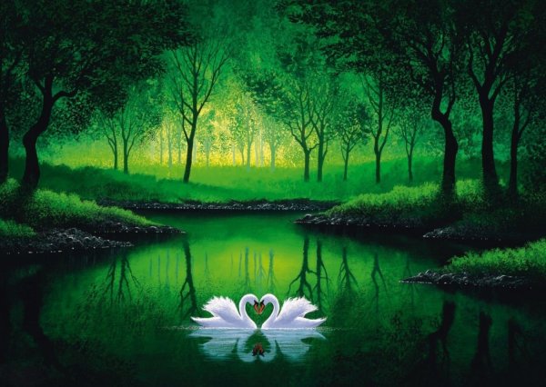 Сказочное озеро с лебедями