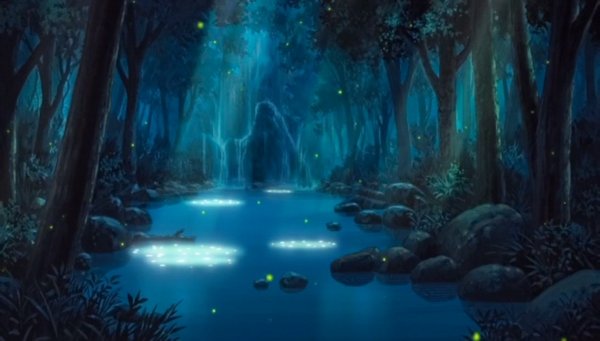 Аниме ночной лес с озером