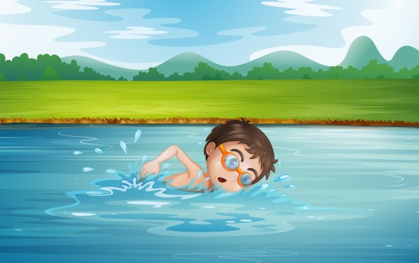Мальчик плавает в речке