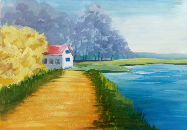 Домик у реки рисунок