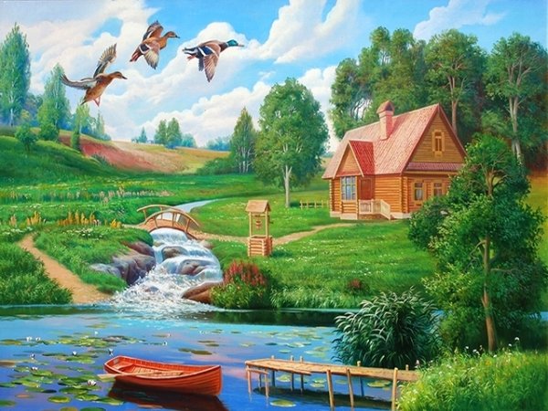 Пейзаж с ручьем и домиком