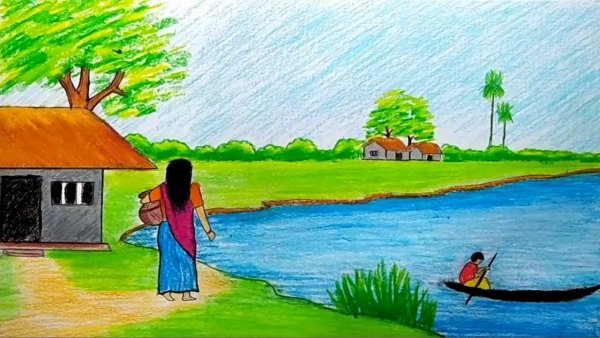 Дом у реки рисунок