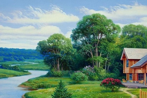 Пейзаж дом у реки