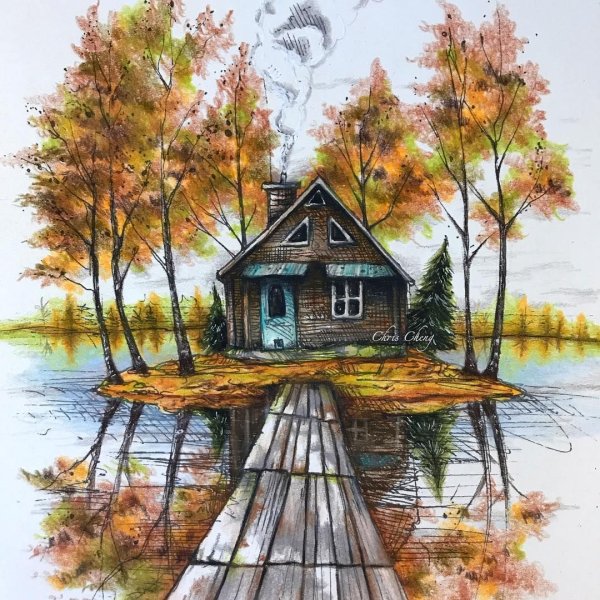 Домик у озера карандашом