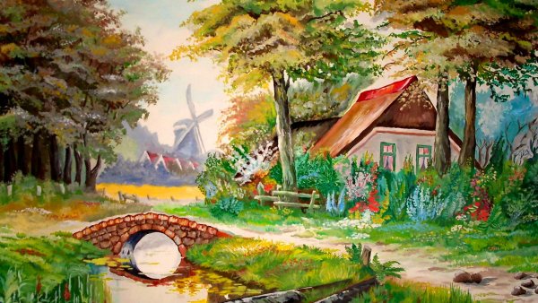 Домик в лесу гуашью