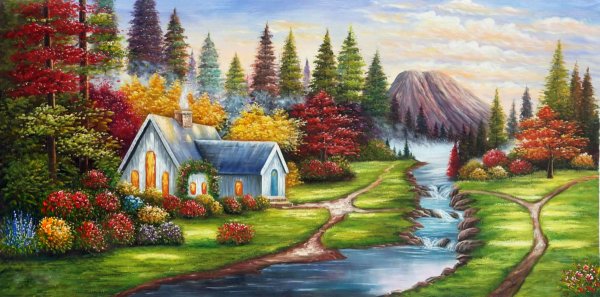 Пейзаж с домами речушкой простые